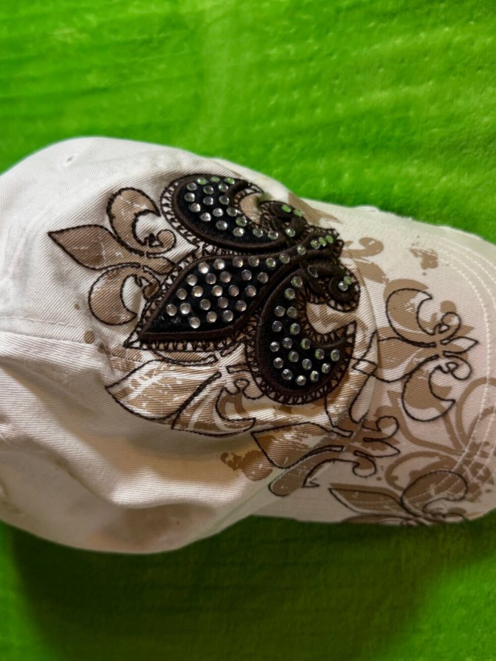 Embellished Fleur-de-Lis White Cap with Rhinestones - Picture 2 of 8